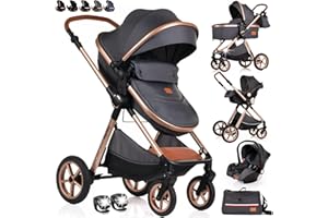 BAYOBAY Baby Pram Pushchair Buggy Stroller 3 in 1 Child Lightweight Folding Stroller 3 in 1 Travel System Pram for Newborns Toddlers from Birth New 2026 Style LEDs, FREEBIES (BBC - Grey Gold, BBC)