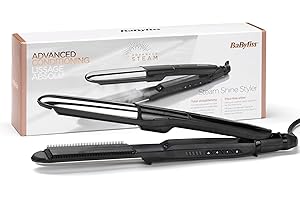 BaByliss Styler Steam Shine ST496E Plancha de pelo con vapor Alisa y Ondula, Placa exterior curva para ondular, Iónica, Peines removibles - Alisado profesional, Cabello hidratado y protegido