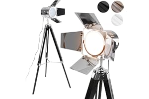 Jago® Lampadaire Trépied - Type Projecteur de Cinéma, Réglable, LED, Rétro, Couleurs au Choix - Lampe sur Pied pour Salon (Noir Mat)