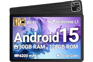 Wqplo Tablette 10 Pouces Android 15 certifiée GMS, 30Go RAM + 128Go ROM (2To TF), Octa-Core, 6200mAh, HD 1280x800, WiFi 6, BT 5.3, Widevine L1, 5MP+8MP, Tablet PC, Noir – 2026