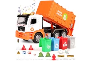 BunnyJOY Müllauto Spielzeug ab 3 4 5 6 Jahre Junge, Große Müllwagen Spielzeug mit Mülltonnen, Spielzeugautos Fahrzeuge, Geschenk Lernspielzeug für Kinder, Orange