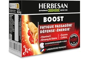 HERBESAN®- COMPLEXE BOOST - 3 ACTIFS dont caféine - Effet coup de fouet - Goût Fruit rouges - Fabrication française - 30 comprimés à croquer
