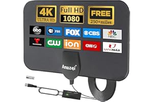 AMAZQI TV Aerial Indoor 250+ Miles Long Range, 4K Digital TV Aerial for Freeview TV,TV Antenna with Signal Booster and 5M Cable -for Local Channels
