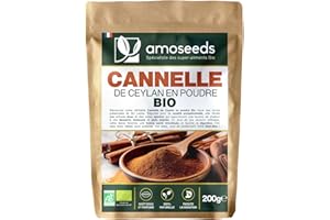AMOSEEDS Cannelle de Ceylan en poudre BIO 200G | Moulue, pure, naturelle, sans additifs | Saveurs intenses | Qualité Supérieure