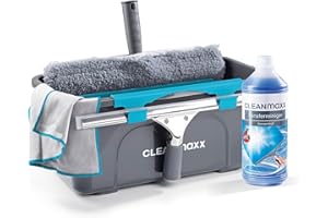 CLEANmaxx Set de Nettoyage Simple et Efficace pour des vitres de la Maison | Comprend Une raclette, Une Brosse, Un nettoyant, Un Chiffon, Un Seau et 2 Fixations pour la Brosse et la raclette [Bleu]