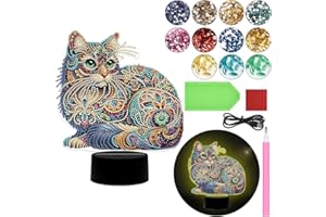 Demiawaking Diamond Painting Nachtlicht Tischdeko Tiere, Diamant Malerei Nachttischlampe Tischlampe LED Deko Set, DIY 5D Diamant Painting Lampe für Geburtstag Geschenke (Katze)