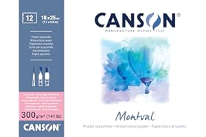 CANSON Montval - Bloc 12 feuilles papier aquarelle grain satin - 18 x 25cm - 300g/m², Blanc