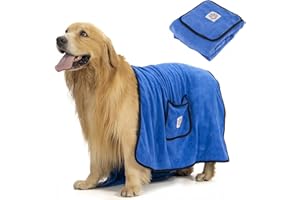 heavenlife Toalla de Baño para Perros 70X130Cm, Toallas Microfibra Secado Rápido para Mascotas, Suaves Ultra Absorbente Toalla de Baño Grande con 2 Bolsillos para Perros Gatos (Azul)