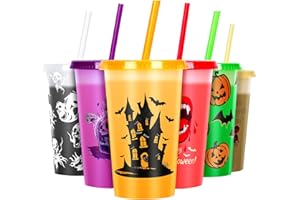 Dasfie 6 Pack Halloween Color Changing Cups with Lids and Straws, 12oz Plastic Hallowee n Tumblers Set Hallowe en Bulk Party Cups, Reusable Cups with Lids and Straws for Halloween Party Favors (12oz)