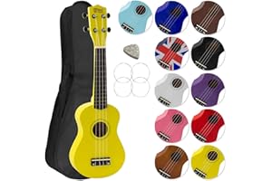 Ukulélé Soprano avec sac de transport, pic et cordes de rechange - idéal pour les écoles et les débutants, maintenant avec des cordes en fluorocarbone - Jaune - Mad About SU8-YL