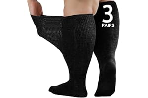 Orthostride Wide Diabetic Socks for Men Women Plus Size, Extra Long Edema Socks with Thickened Sole, Non-Binding Loose Fit Socks for Swollen Feet, Lymphedema - 3 Pairs Black