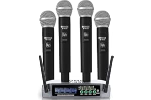 BOMGE Sistema de micrófono inalámbrico, juego de 4 canales con cuatro micrófonos de mano, frecuencia fija, largo alcance de 200 pies, ideal para iglesia, karaoke, eventos