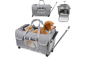 PETCUTE Transportín para Mascotas con Ruedas Carga de 17.5kg,Transpirable Transportador para Mascotas con Asa Telescópica,Plegable Transportín Perro Gato con Alfombrilla extraíble,Aerolínea Aprobada