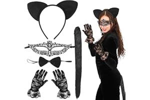 TOPJOWGA 6-częściowy kostium kota, damski zestaw koronkowej maski na oczy, kostium kota z kocimi uszami, opaska na włosy, mucha, ogon kota, maska na oczy, koronkowe rękawiczki, Halloween, karnawał