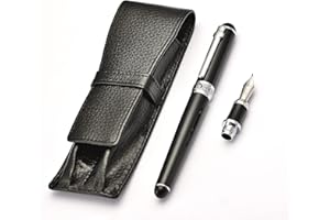 LANXIVI Penna stilografica Duke nera + pennino piegato fude + custodia in pelle nera per scrittura a mano, firma, calligrafia, disegno artistico e schizzi