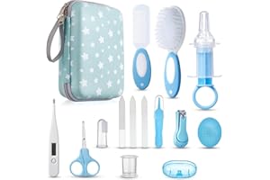 Lictin Baby Pflegeset 15 teilige Baby Pflegeset Neugeborene, Babypflege Set mit Thermometer, Baby Nagelscheren, Baby Bürste, Babykamm, Fingerzahnbürste, Babypflegeset Neugeborene (Hellblau)