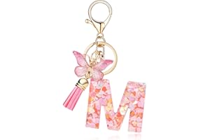 QUKE Fashion Alphabet Initial Letter Keychain Tassel Butterfly Pendant Key Ring for Purse Schoolbags Women Girl