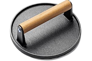 Houbobo Smash Burger Press, Heavy Duty Cast Iron 18cm Round Meat Press with Wooden Handle, Hamburger Smasher Tool for Grill, Griddle and Nonstick Pan
