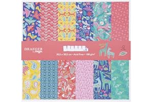 DRAEGER PARIS 1886 - Papeles Scrapbooking Folk 30,5 x 30,5 cm - 6 Hojas, 12 Diseños Dobles - Colores Brillantes: Rosa, Azul, Verde - Ideal para Diarios, Álbumes y Decoración DIY
