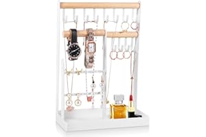 AMZJMT Organizador pendientes, Colgador collares, Soporte para pulseras, Expositor joyas,Joyero con base de almacenamiento, Soporte de cadena para collares, Pendientes y anillos (blanco)