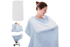 JJKOL Tablier Allaitement, Cape Allaitement Bébé, Couverture Allaitement Bébé 100% Coton, Avec 1 Serviette pour Bébé, Doux, Respirant et Sangles Réglables, Pour poussettes (Hellblau)