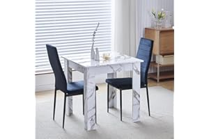 Kamorry Dining Table and 2 Chairs,3 Piece Dining Room Set, Wood Kitchen Table with High Gloss Top and 2 Upholstered Chairs for Small Spaces, Apartment (Marble White Table, Velvet Black Chair)