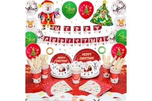 YYDSXK Weihnachts Partygeschirr, Christmas Partyzubehör Pappteller Servietten Becher Tischdecke Weihnachts Banner 3D Folien Konfetti Luftballon,Weihnacht Party Deko Geschirr Set für Weihnachtsparty 16 Gäste