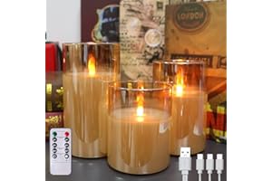 MOZKETO19 Flameless Candles with Remote, Type-C Rechargeable Led Flameless Candles, with Remote Control and Timer Function, Transparent Glass Pillar, Real Wax Lamp Body, The Effect is More Realistic (Gold)