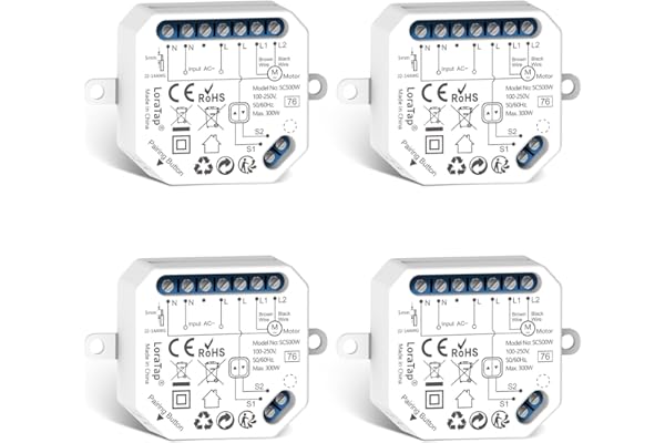 LoraTap 4 Interrupteur Module Volet Roulant Connecté, Commutateur Rideau Stores WiFi, Compatible avec Alexa Google Home pour Commande Vocale, Minuterie Intelligent Moteur Mural