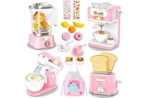 HILKKET Zestaw akcesoriów kuchennych dla dzieci – w zestawie ekspres do kawy dla dzieci z dźwiękiem i oświetleniem, blender, sokowirówka, toster, owoce, naczynia i fartuch, akcesoria kuchenne do zabawy dla