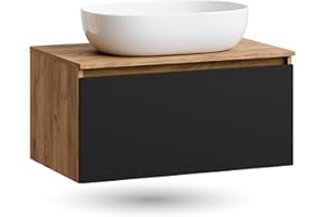 ‎PLANETMÖBEL Planetmöbel Arisa Badmöbel Set Waschtisch 80 cm Gold Eiche schwarz, Waschbecken 60 cm weiß, inkl. Raumsparsiphon