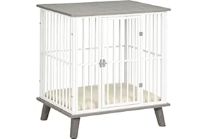 PawHut Dog Crate Furniture, Indoor Pet Kennel Cage, Top End Table w/Soft Cushion, Lockable Door, for Small Dogs, 64.5 x 48 x 70.5 cm - Grey