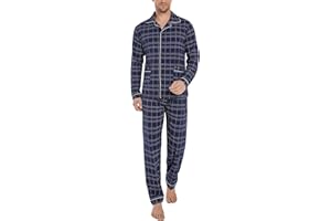 iClosam Pyjama Homme Hiver Coton 2 Pièces Pyjama Homme Long Chaud à Carreaux Ensemble de Pyjama Homme avec Bouton Vêtements de Nuit Homme à Rayé S-XXL