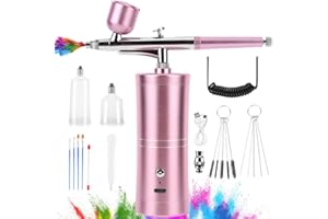 OFC LENW Portable Airbrush Kit with Compressor, Mini Rechargeable Cordless Non-Clogging High-Pressure Air Brush Gun with 0.3mm Nozzle Cleaning Brush Set, Airbrush for Nail Art,Painting,Makeup,Cake Decor (Pink)