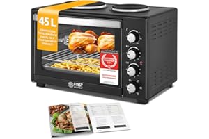 TZS First Austria - Mini Horno con quemadores 45L 3200 W - Minihorno para pizza con placas hasta 230°C y revestimiento antiadherente - Multihorno con 4 alturas de inserción y accesorios de calidad