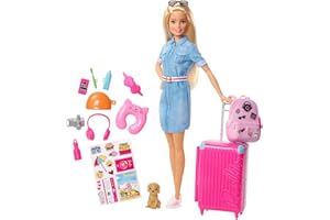 Barbie FWV25 - Reise Puppe mit blonden Haaren inkl. Reisezubehör und Hündchen, Puppen Spielzeug und Puppenzubehör ab 3 Jahren