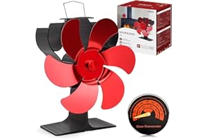 AVOECO Wood Stove Fan - New Designed 6 Red Blades Heat Powered Fan for Fireplace, Home Decor, Wood Burning/Pellet Stove/Log Burner - Non-electric, Long Lasting Use - Magnetic Thermometer Included