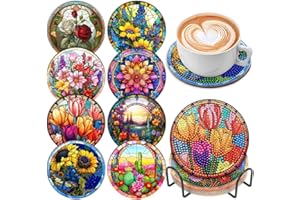 SOEWIOU 8 Pcs Diamond Painting Coasters with Holder,Floral Diamond Art Coasters 5D DIY Art Coasters Kits Round Full Drill Diamond Art Craft Supplies for Adults Kids,Beginners