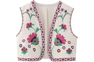 WANGSCANIS Women Vintage Floral Embroidered Vest Y2k Sleeveless Open Front Waistcoat Boho Flower Cardigan Vests Crop Top