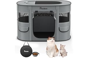Pawaboo Parc Enclos Pliable Chien Chat, Enclos Intérieur Extérieur Portable, Cage Clôture Tente d'exercice en Tissu Oxford pour Petits Animaux, avec Bol à Nourriture, M, Gris de Charbon