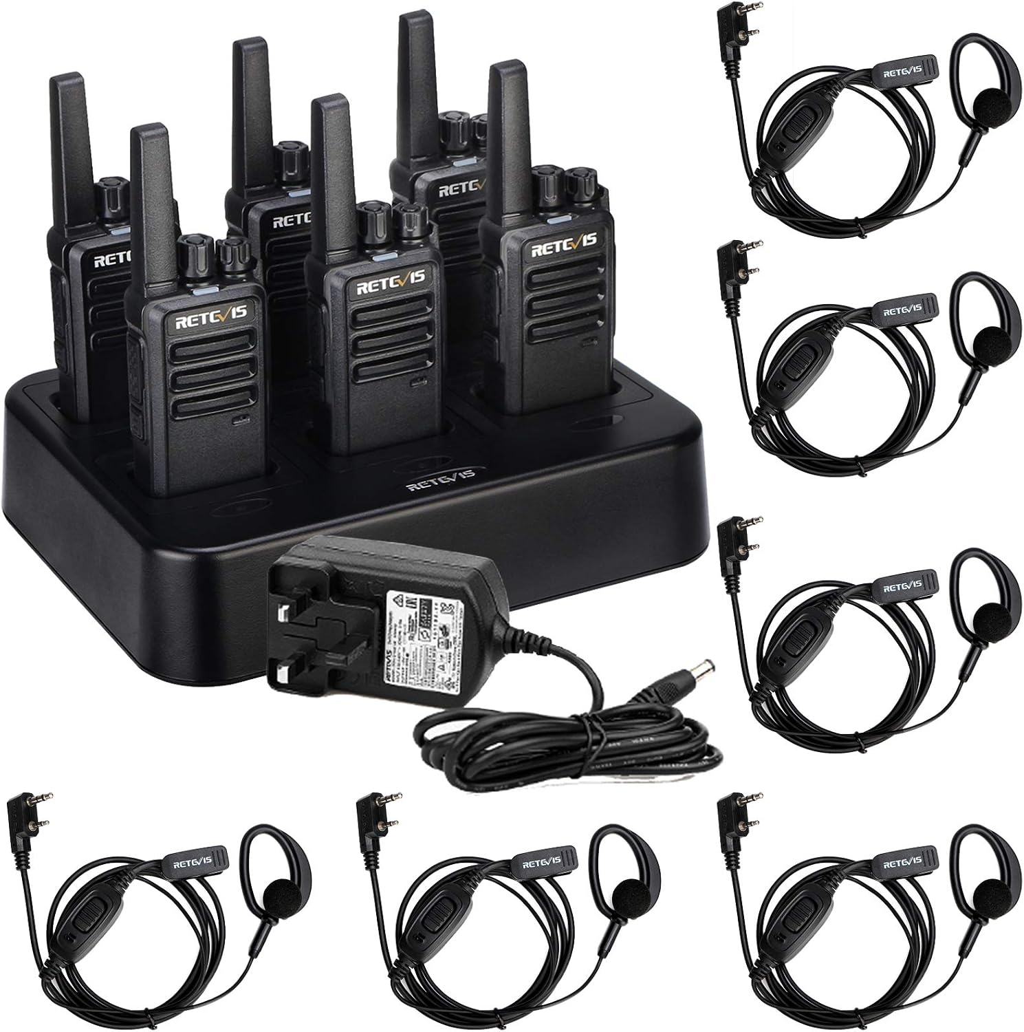 Retevis RT668 Walkie Talkies for Adults, Rugged 2 Way Radios Long Range with 6-Way Charger, Professional PMR446 Radios Walkie Talkie with Earpiece for Logistics, Manufacture（6 Pcs, Black）