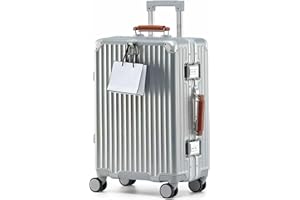 yuweijie Koffer Handgepäck, Koffer & Trolleys - Robuster Alu-Rahmen Suitcase für Reisen, 4 Rollen, TSA Schloss, Silber mit braunem Ledergriff, S-58cm