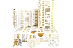 ZALIOAN Birthday Wrapping Paper，4 Gold Gift Wrapping Paper Floded 85 * 60cm with 4 Bows,2 Cards,4 Tags，Gift Wrap Pack for Kids,Baby,Female,Male on Birthday