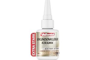 VELLENTAL Sekundenkleber für Keramik & Porzellan extra stark 30g - Porzellankleber spülmaschinenfest, hitzebeständig & mit Nadel Verschluss gegen Austrocknung - Reparatur Kleber für Keramik, Porzellan & Ton