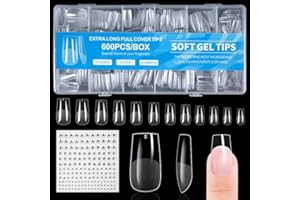 BUTBU Tip Unghie, 600 Pezzi Quadrate Unghie Finte, 12 Taglie Tip Unghie Ricostruzione, Copertura Completa Tips Unghie Trasparente per Salone Manicure, Nail Art Principiante