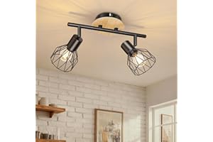 Ketom Plafonnier 2 Spot Noir, Luminaire Cuisine Plafond Bois, Plafonnier Orientable E14, Applique Murale Double Spot avec Grille Métallique, pour Interieur, Cuisine, Chambre, Salon, Sans Ampoules