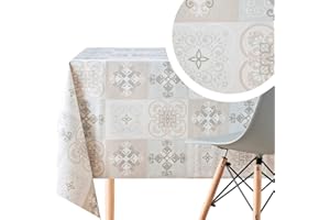 KP HOME Grande Essuyable Imperméable Nappe PVC Rectangulaire Motif de Carrelage Marocain et Lisbon Tiles Mosaïque Gris Beige Nappe Toile Ciree Rectangulaire 140x300 Plastique Lavable Nappe Ciree Rectangulaire