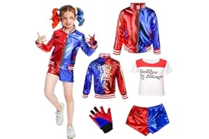 AOTUO0608 aotuo Cosplay Costumes for Kids, 4 Pcs Harley Quinn Girls Fancy Dress Halloween Villain Costume Include Jacket, T-shirt, Shorts and Glove for Halloween Cosplay Costume