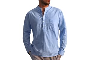 Voqeen Męska bawełniana lniana koszula typu henley, z długim rękawem, hipisowska, na co dzień, na jesień i zimę, koszulka z kieszonką, kołnierz z paskiem, zapięcie na guziki