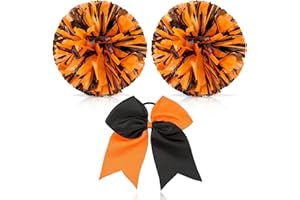 Theaque Pompones de animadora y lazo grande de animadora para niña,pompones metálicos grandes de animadora de 12 pulgadas, de animadora para animar el espíritu del equipo deportivo(naranja y negro